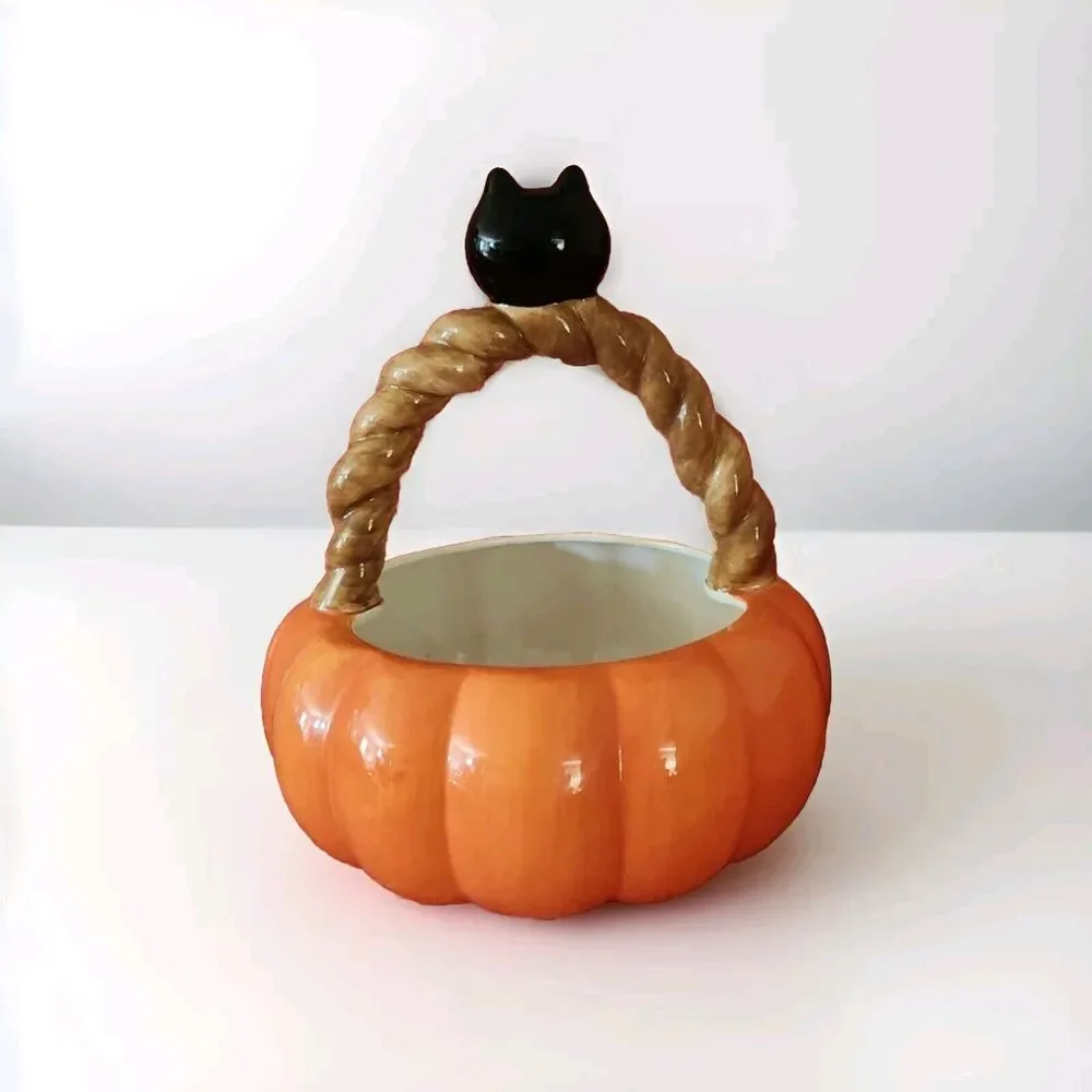 Ceramic Halloween Basket - Pumpkin Candy Dish 14 In Tall By 12 In Wide